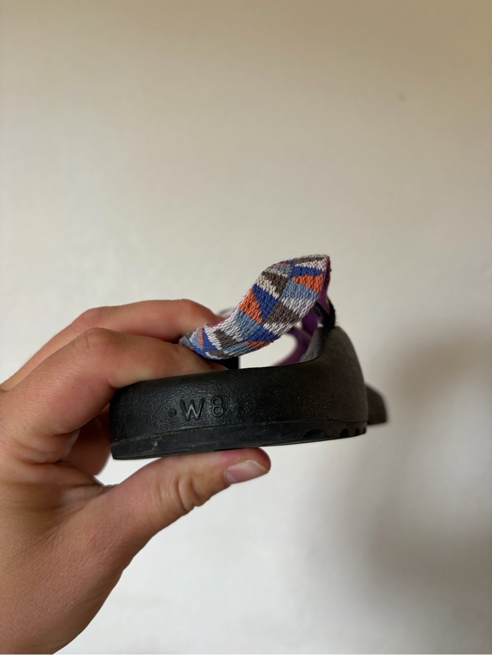 Women 8 Chaco’s Double Strap with Toe Strap in Purple triangle print - Picture 3 of 5
